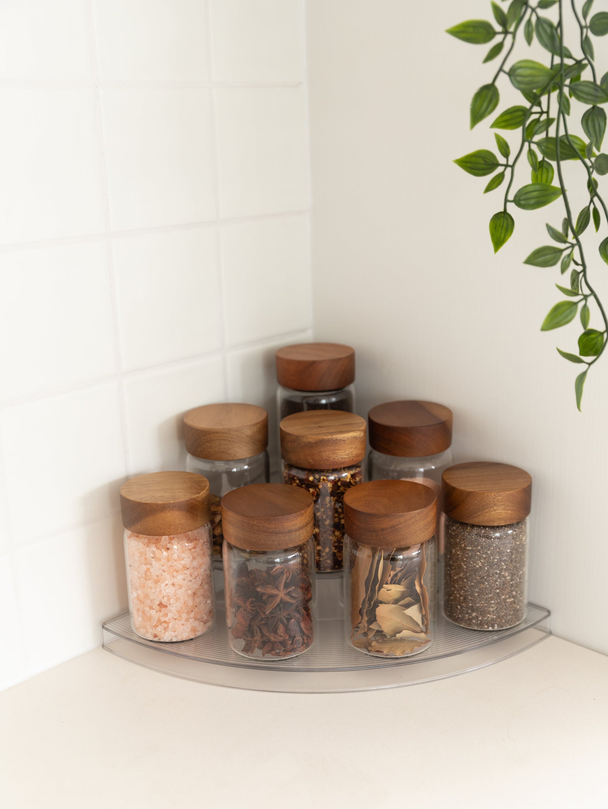 Clear 3-Tier Corner Shelf with 8x250ml Acacia Spice Jars - Little Label Co The Home of Organisation For Kitchen, Bathroom, Laundry & More