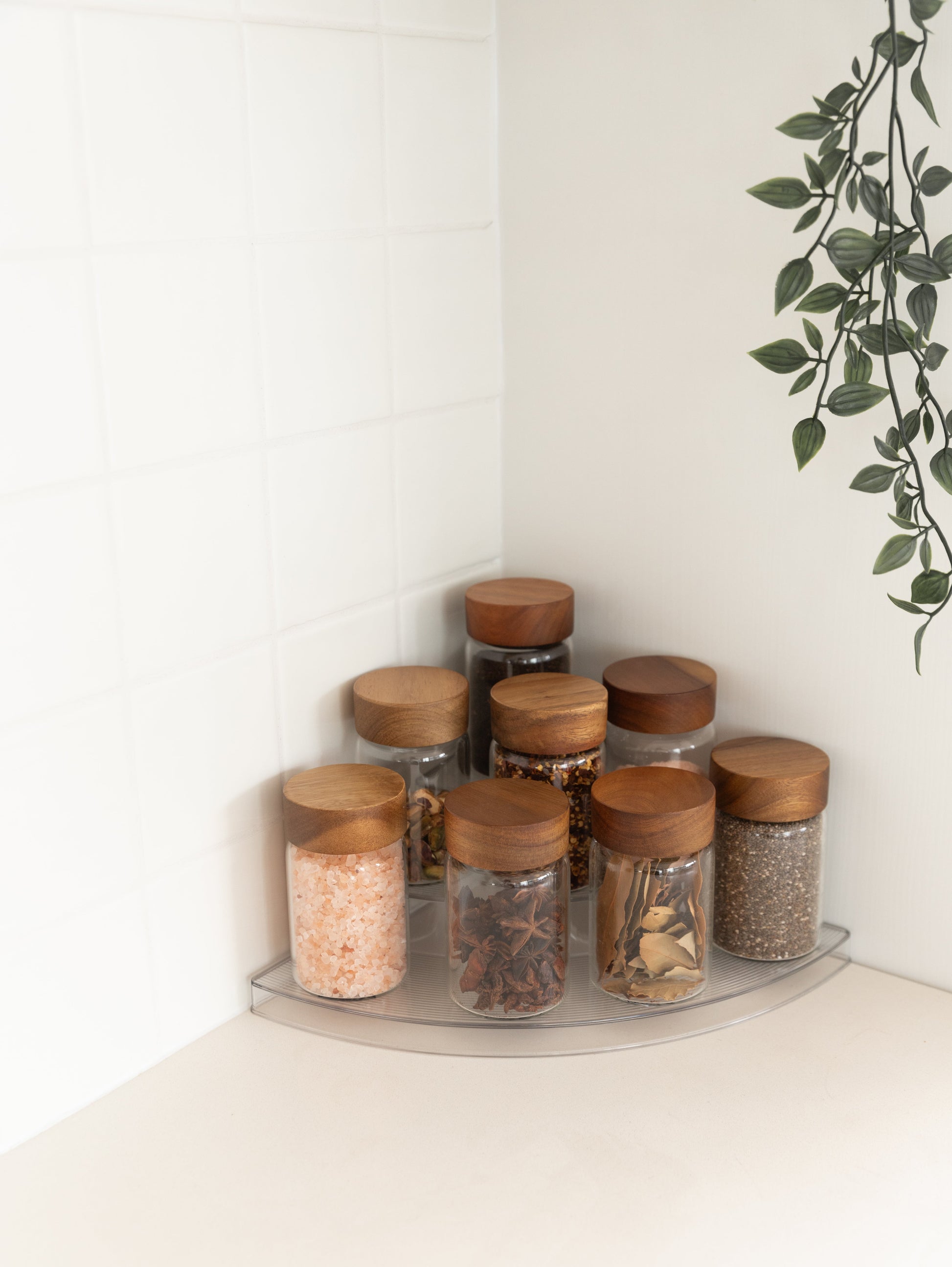 Clear 3-Tier Corner Shelf with 8x250ml Acacia Spice Jars - Little Label Co The Home of Organisation For Kitchen, Bathroom, Laundry & More