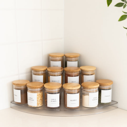 Clear 3-Tier Corner Spice Rack with 12x 75ml Spice Jars - Little Label Co The Home of Organisation For Kitchen, Bathroom, Laundry & More