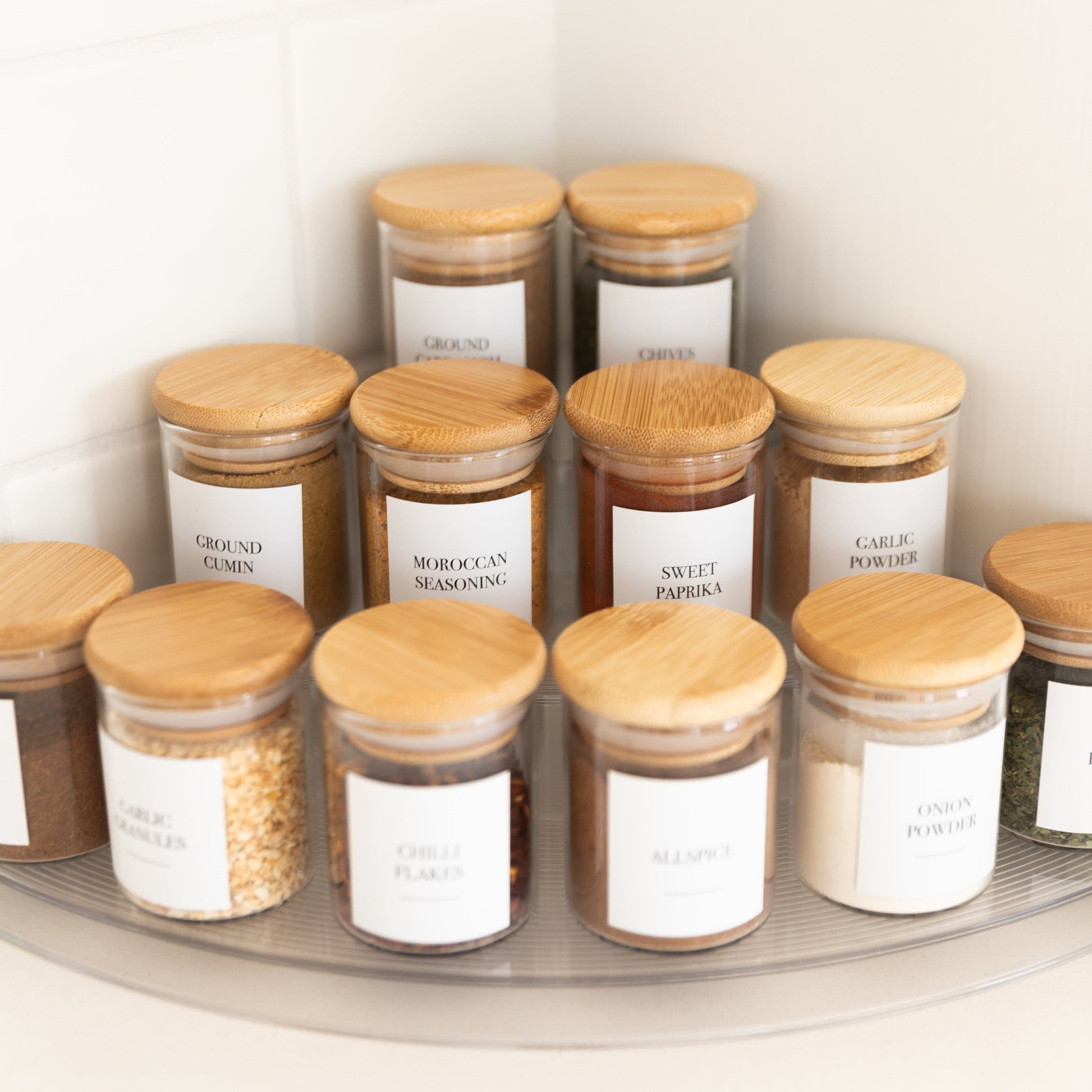 Clear 3-Tier Corner Spice Rack with 12x 75ml Spice Jars - Little Label Co The Home of Organisation For Kitchen, Bathroom, Laundry & More