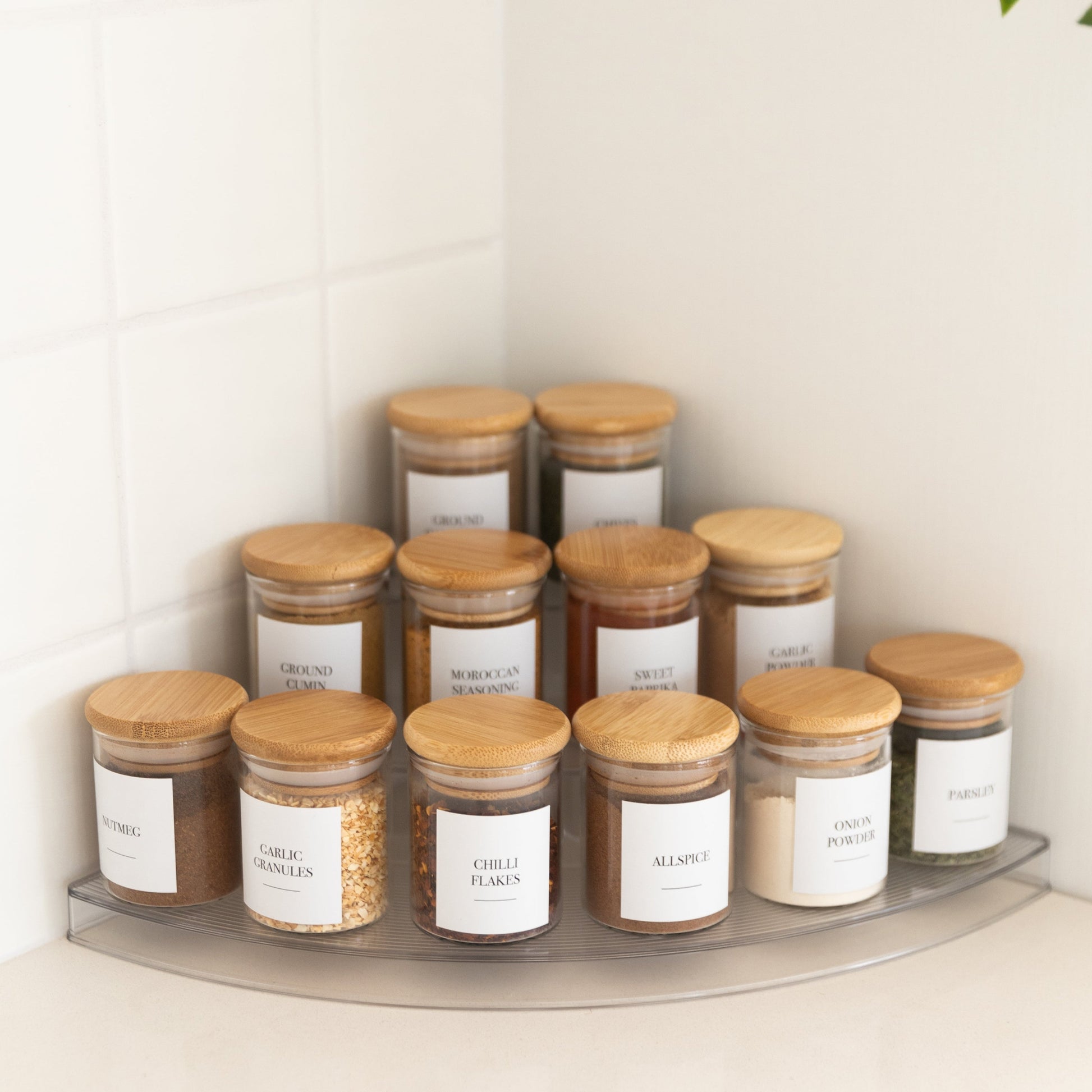 Clear 3-Tier Corner Spice Rack with 12x 75ml Spice Jars - Little Label Co The Home of Organisation For Kitchen, Bathroom, Laundry & More