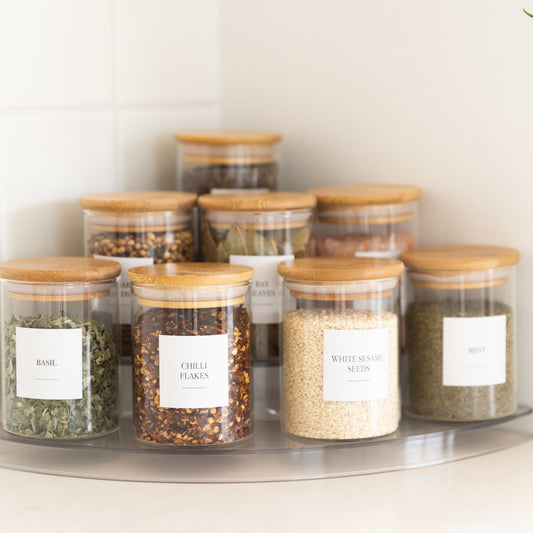 Clear 3-Tier Corner Spice Rack with 8x 200ml Spice Jars - Little Label Co The Home of Organisation For Kitchen, Bathroom, Laundry & More