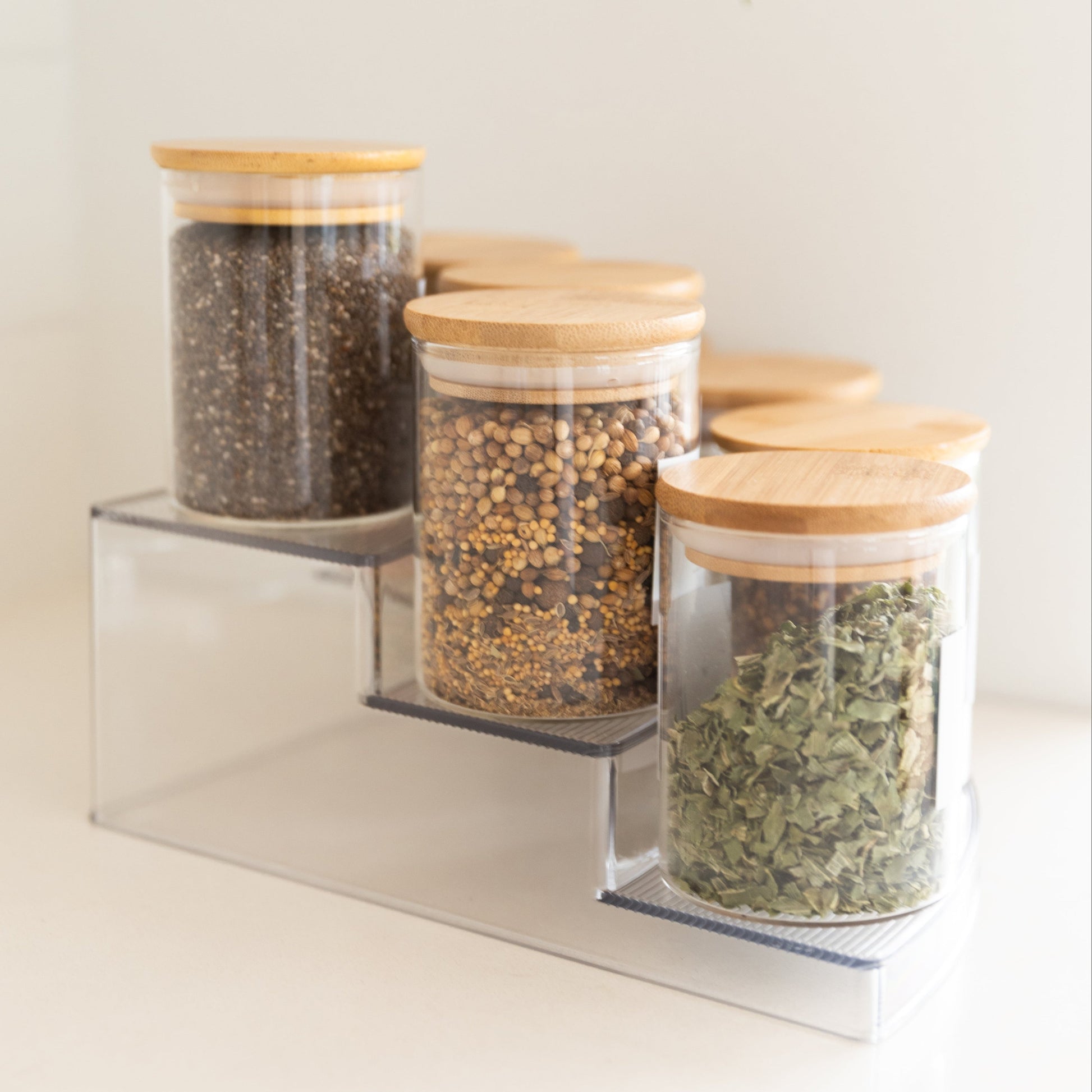 Clear 3-Tier Corner Spice Rack with 8x 200ml Spice Jars - Little Label Co The Home of Organisation For Kitchen, Bathroom, Laundry & More