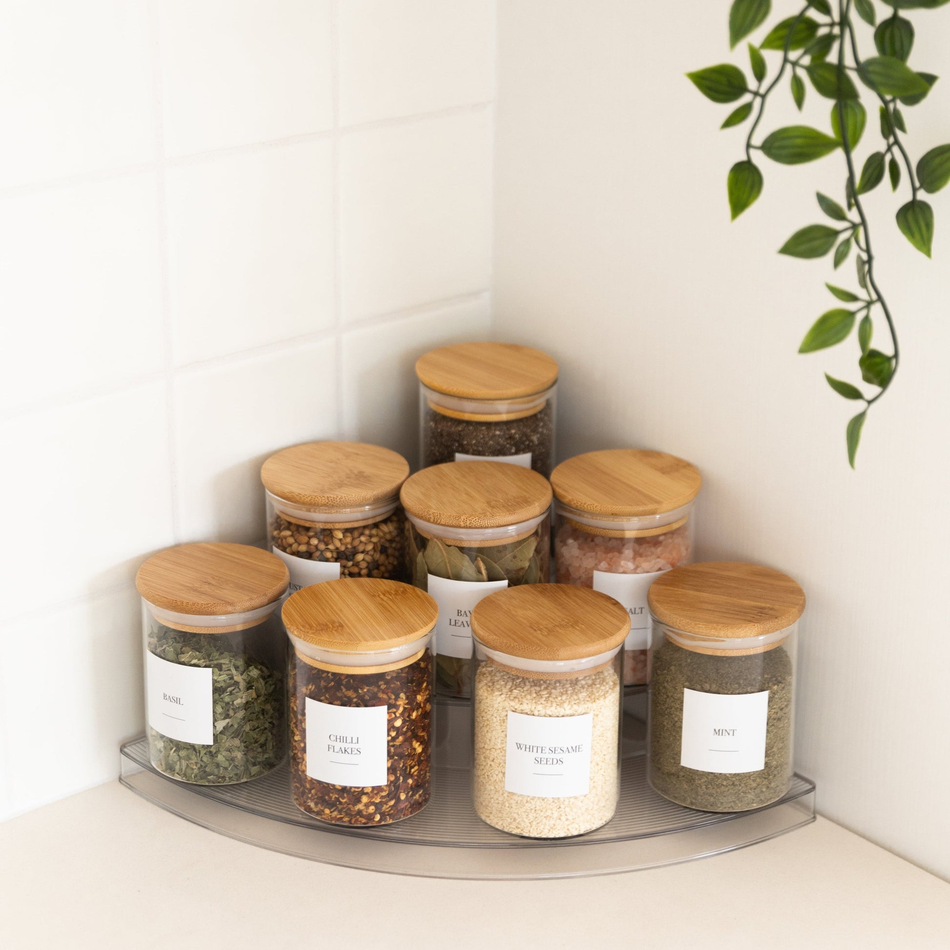 Clear 3-Tier Corner Spice Rack with 8x 200ml Spice Jars - Little Label Co The Home of Organisation For Kitchen, Bathroom, Laundry & More