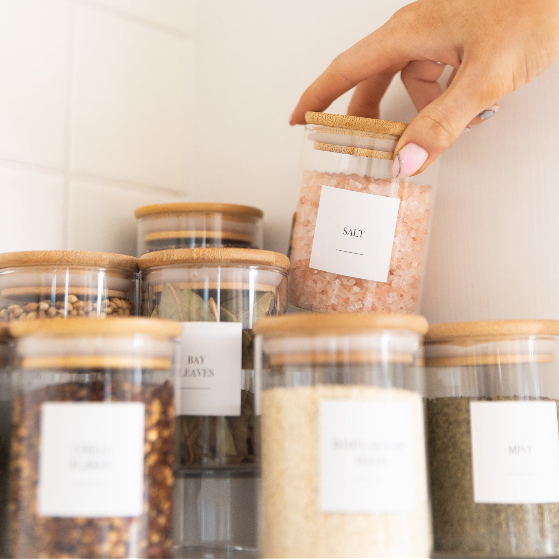 Clear 3-Tier Corner Spice Rack with 8x 200ml Spice Jars - Little Label Co The Home of Organisation For Kitchen, Bathroom, Laundry & More