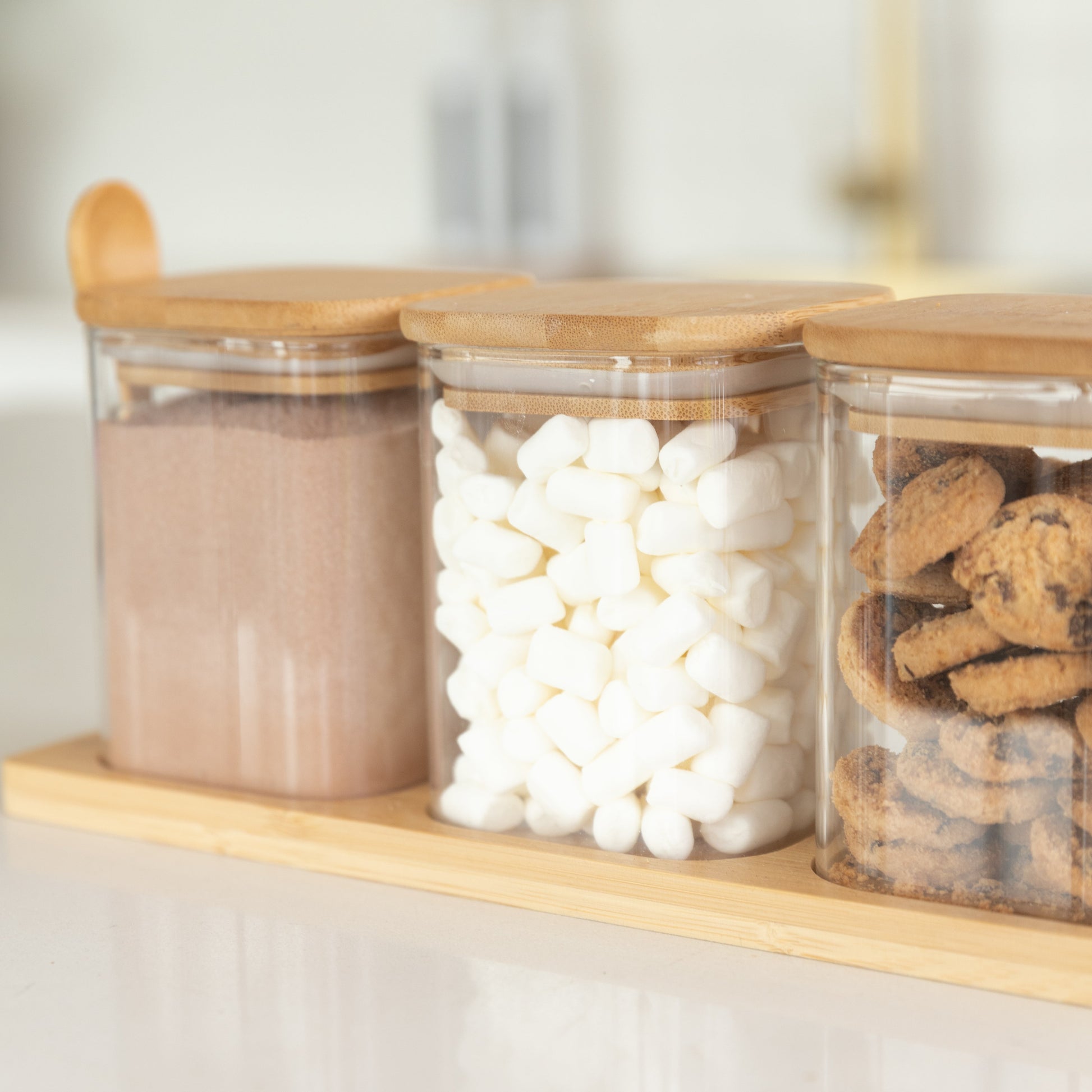 Bamboo Glass Trio Square Set for coffee, tea and sugar - 500 ml - Little Label Co The Home of Organisation For Kitchen, Bathroom, Laundry & More