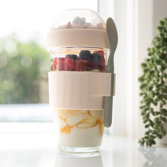 On-the-go travel jar with spoon and compartment. Meal Prep Container. Overnight Oats container. Breakfast on the go jar. breakfast travel container