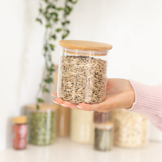 Glass Storage Jar with Bamboo Lid - 500ml - Little Label Co The Home of Organisation For Kitchen, Bathroom, Laundry & More