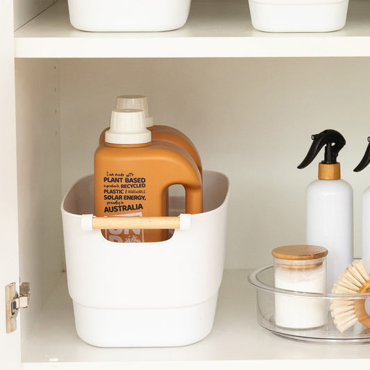 Large White Storage Tub with Wooden Handle