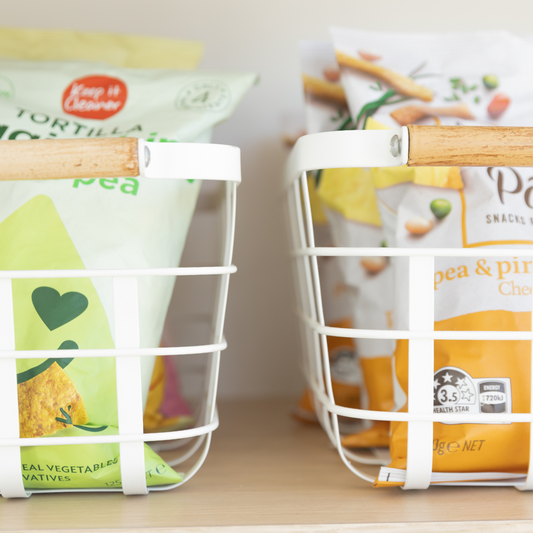 White Storage Basket with Bamboo Handle - Little Label Co The Home of Organisation For Kitchen, Bathroom, Laundry & More