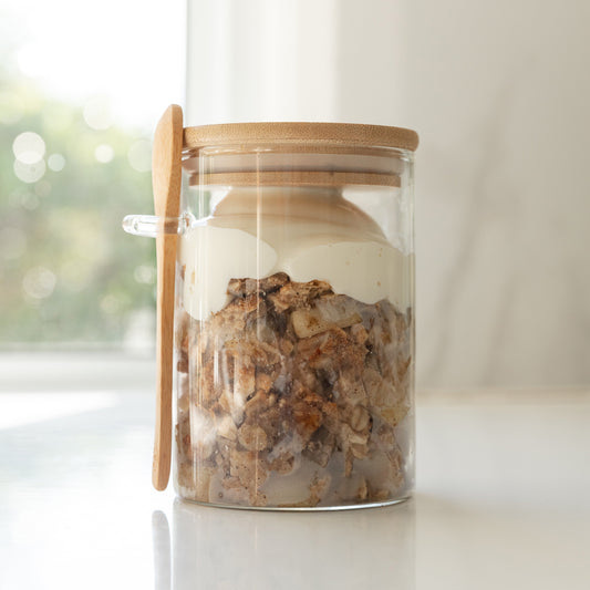 Bamboo Glass Jar with Spoon - 500ml - Little Label Co The Home of Organisation For Kitchen, Bathroom, Laundry & More