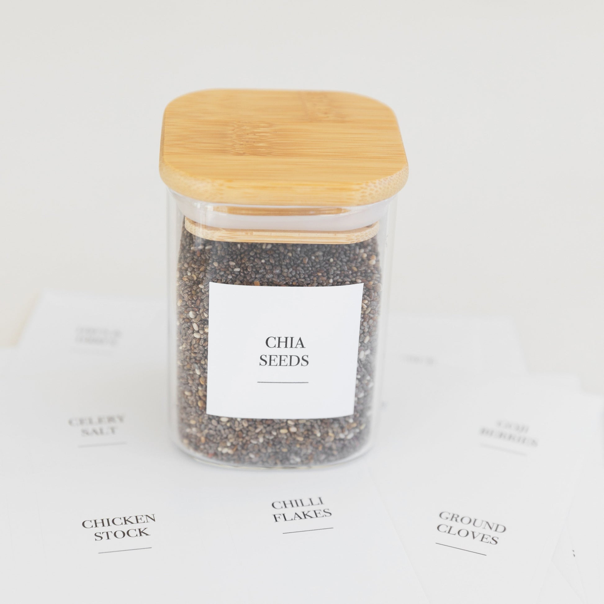 Bamboo Glass Herb & Spice Jars Square - 200ml - Little Label Co The Home of Organisation For Kitchen, Bathroom, Laundry & More