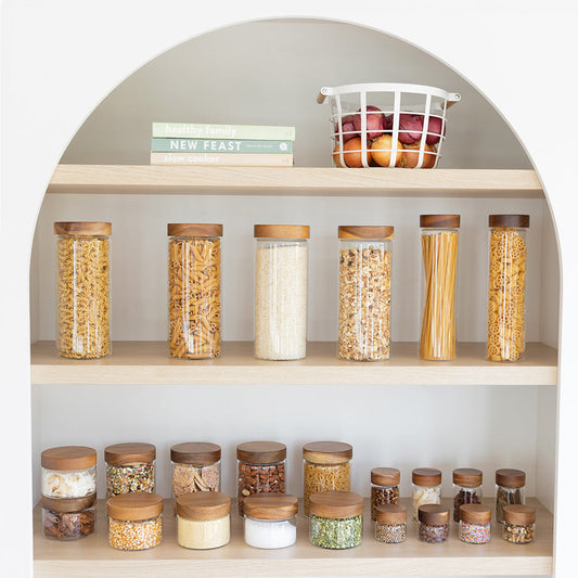 Acacia Glass Jar Deluxe Pantry Organisation Pack - Little Label Co The Home of Organisation For Kitchen, Bathroom, Laundry & More