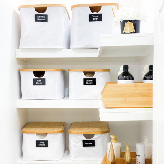 Linen Storage Basket - 6 Pack White - Little Label Co The Home of Organisation For Kitchen, Bathroom, Laundry & More