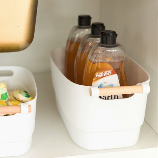 Medium White Storage Tub with Wooden Handle