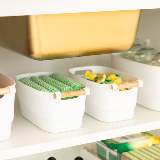 Small White Storage Tub with Wooden Handle