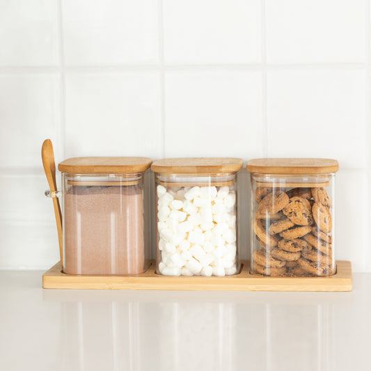 Bamboo Glass Trio Square Set for coffee, tea and sugar - 500 ml