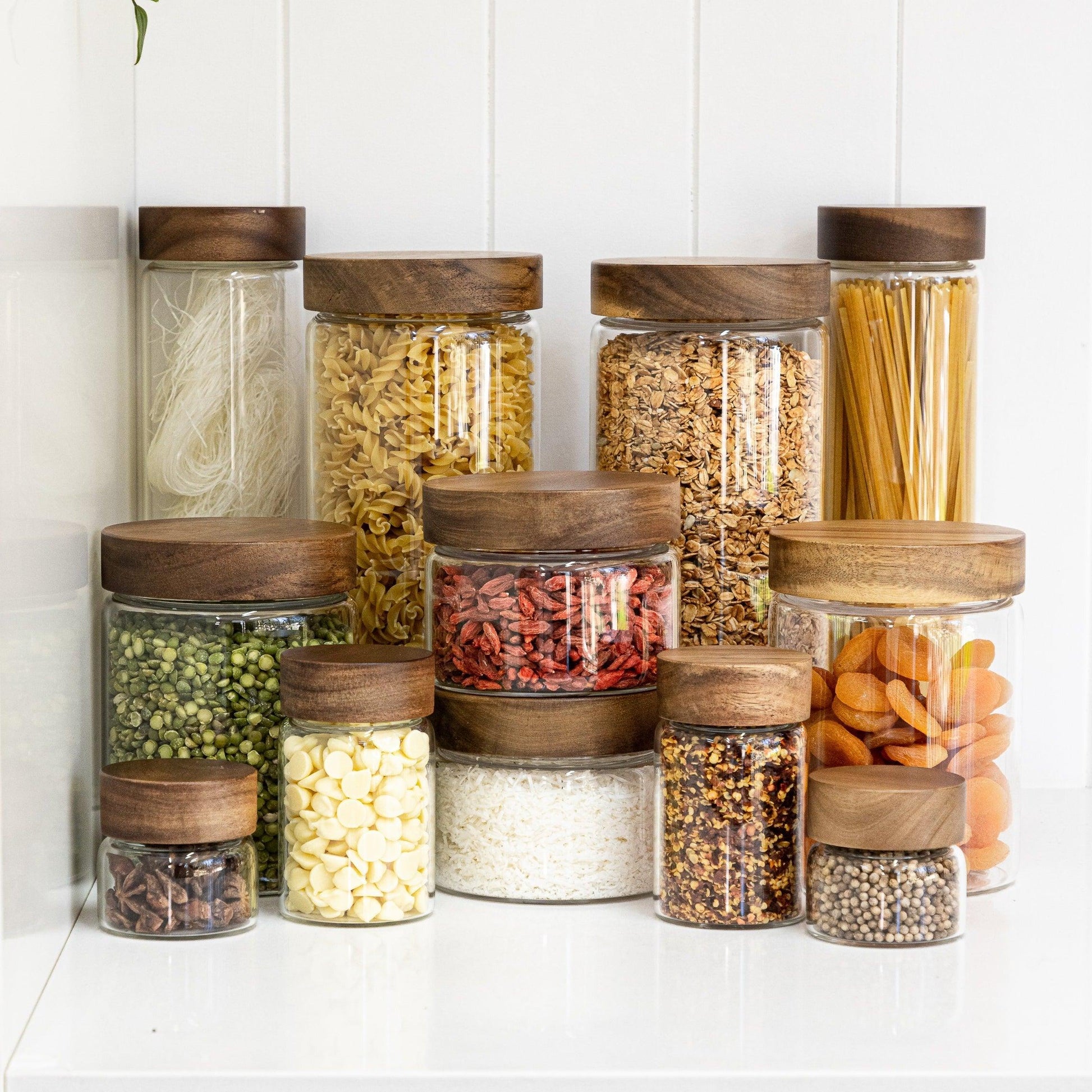 Acacia Wood Glass Jar 250ml - Little Label Co - - 30%, Acacia Storage Jars, Acacia Wood, Food Storage Containers, Glass Storage, Herb & Spice Jars, Herb & Spice Organisation, Kitchen Organisation, Pantry Organisation
