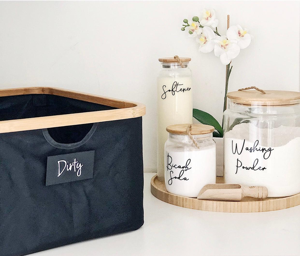 Bamboo and Glass 5 Piece Laundry Pack with Liquid Jar - Little Label Co - Laundry Detergent - Bamboo Storage Solutions, Glass jars with lids, storage containers, laundry storage ideas