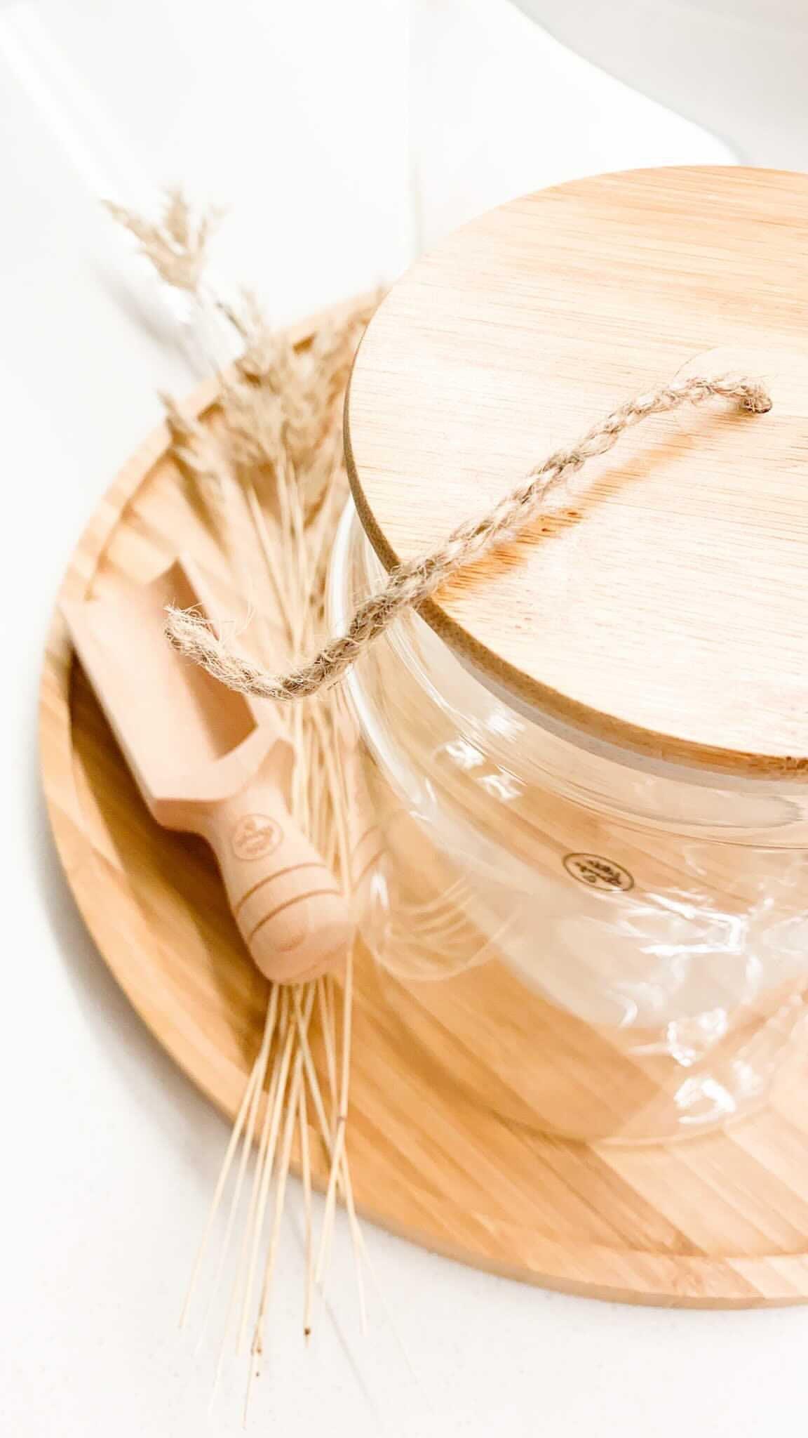 Bamboo and Glass 5 Piece Laundry Pack with Liquid Jar - Little Label Co - Laundry Detergent - Bamboo Storage Solutions, Glass jars with lids, storage containers, laundry storage ideas