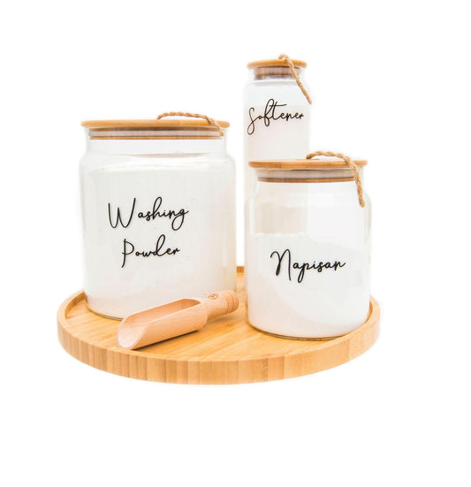 Bamboo and Glass 5 Piece Laundry Pack with Liquid Jar - Little Label Co - Laundry Detergent - Bamboo Storage Solutions, Glass jars with lids, storage containers, laundry storage ideas