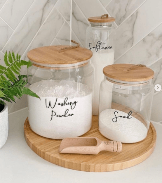 Bamboo and Glass 5 Piece Laundry Pack with Liquid Jar - Little Label Co - Laundry Detergent - Bamboo Storage Solutions, Glass jars with lids, storage containers, laundry storage ideas