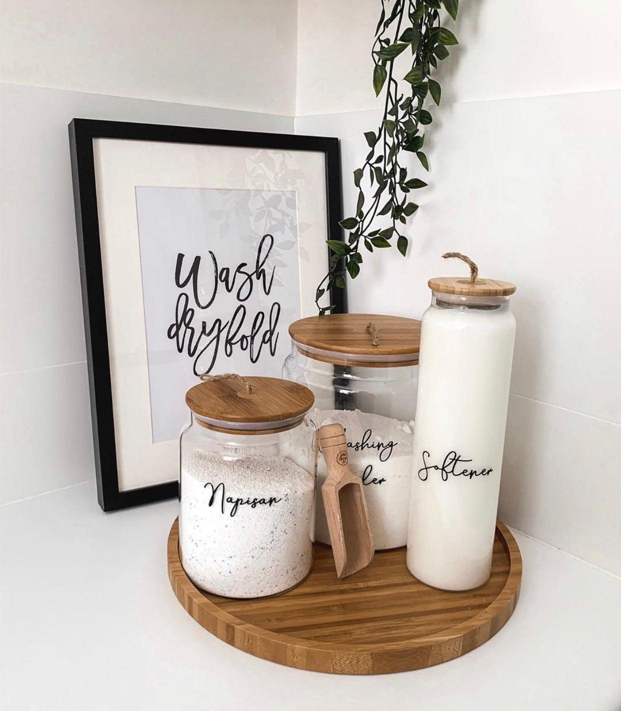Bamboo and Glass 5 Piece Laundry Pack with Liquid Jar - Little Label Co - Laundry Detergent - Bamboo Storage Solutions, Glass jars with lids, storage containers, laundry storage ideas
