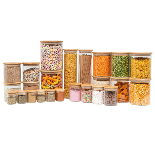 Bamboo Glass Jars Large Pack - Little Label Co - Spice Organizers - Bamboo Storage Solutions, bundle, Dry Food Strorage, Glass Storage, Herb & Spice Jar, Herb & Spice Jars, Kitchen Organisation, Kitchen Storage, Bamboo Glass Jars Large Pantry Container Pack , Little Label Co Air Tight Containers for Pantry Organisation and Food Storage. 