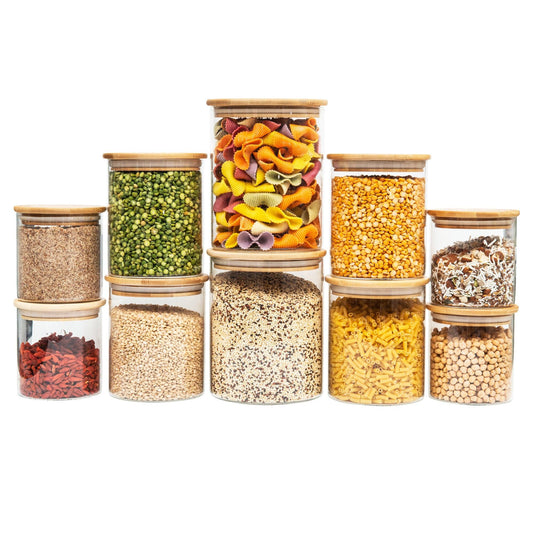 Bamboo Glass Jars Small Pantry Container Pack , Little Label Co Air Tight Containers for Pantry Organisation and Food Storage. 