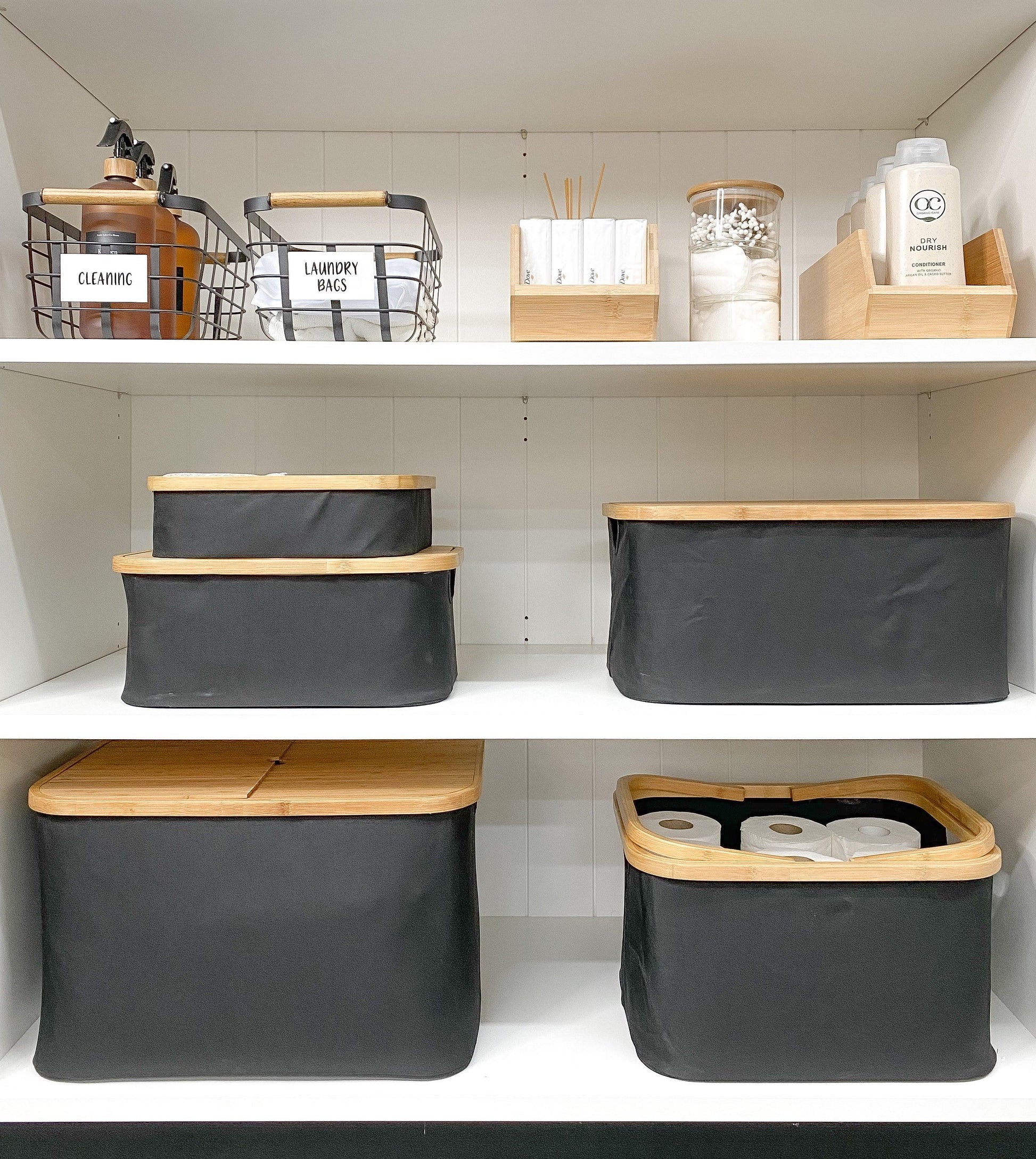 Black Fabric Bamboo Linen Storage Basket Set - 8 Pack - Little Label Co The Home of Organisation For Kitchen, Bathroom, Laundry & More