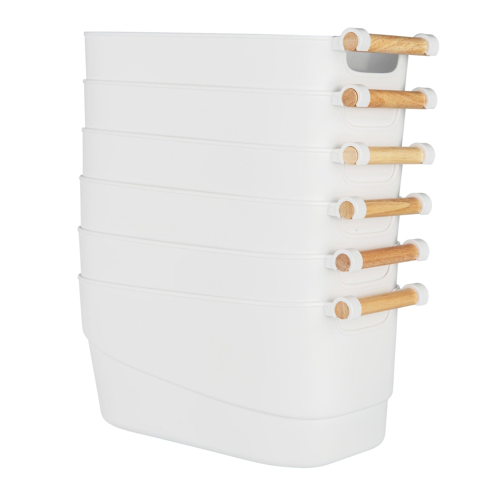Medium White Storage Tub with Wooden Handle - Little Label Co The Home of Organisation For Kitchen, Bathroom, Laundry & More