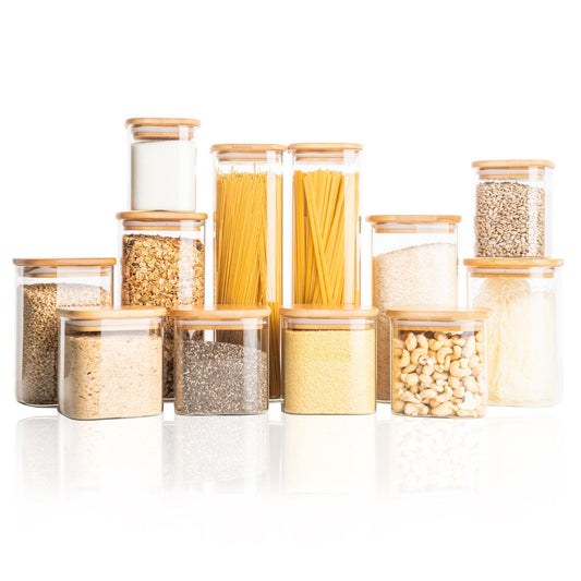 Square Bamboo Glass Pantry Pack for pantry organisation and food storage. Little Label Co Air Tight Containers for Pantry Organisation and Food Storage. 