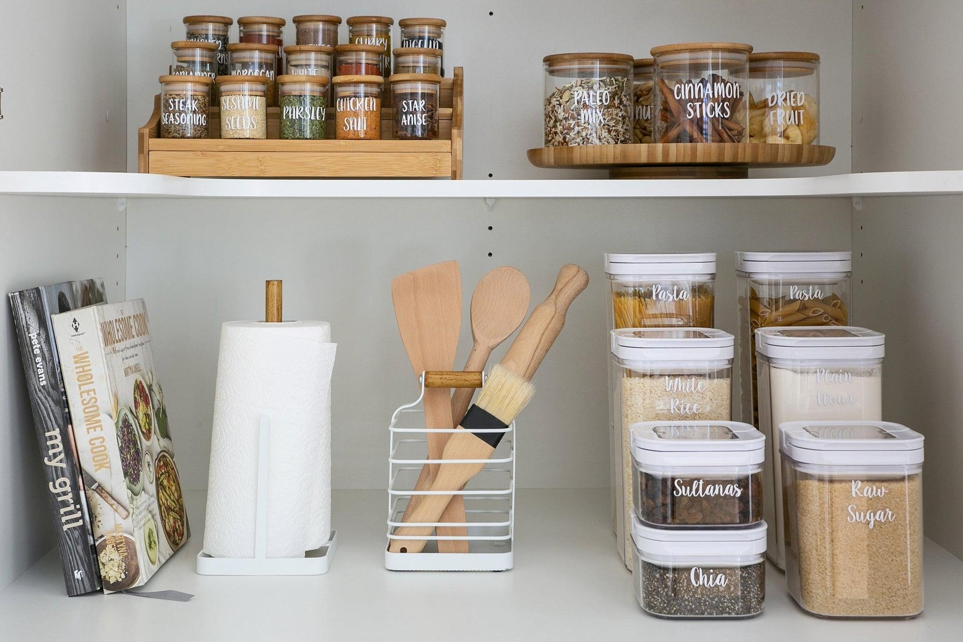 Pantry Organisation with White Flip Canister.